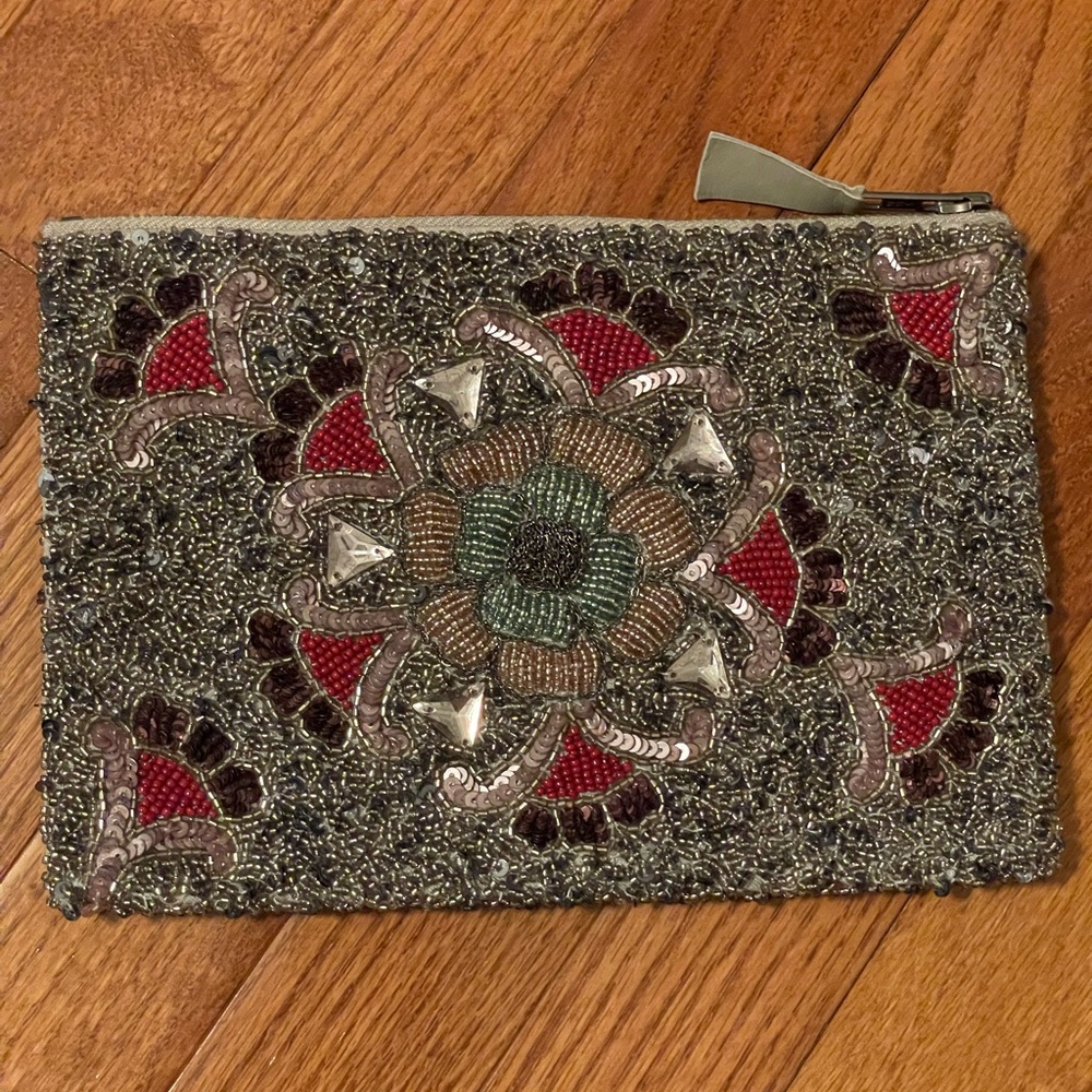 Anthropologie floral beaded clutch makeup bag